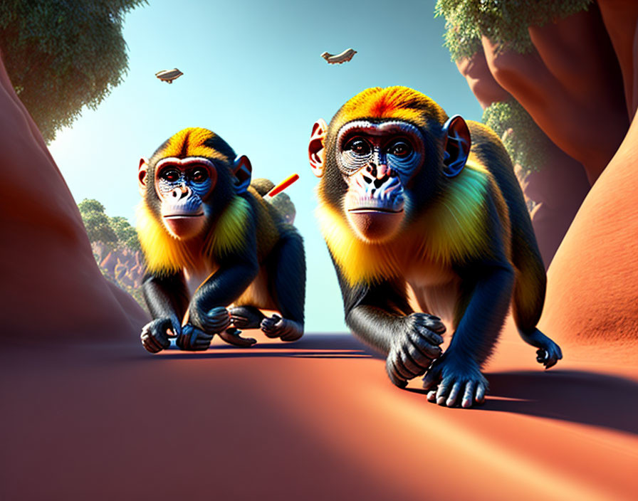 Colorful Animated Monkeys Crawl on Red Ground