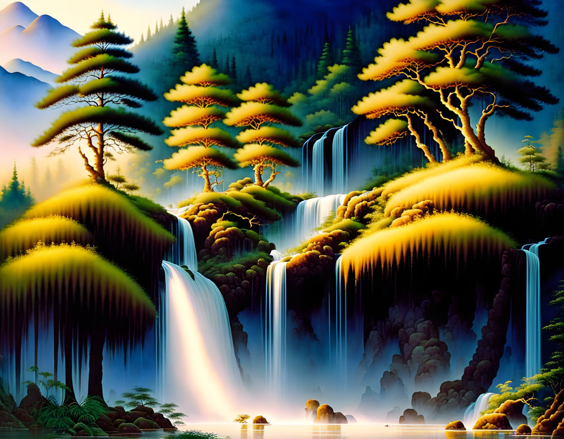 Digital art: Stylized waterfalls in lush scenery with bonsai-like trees