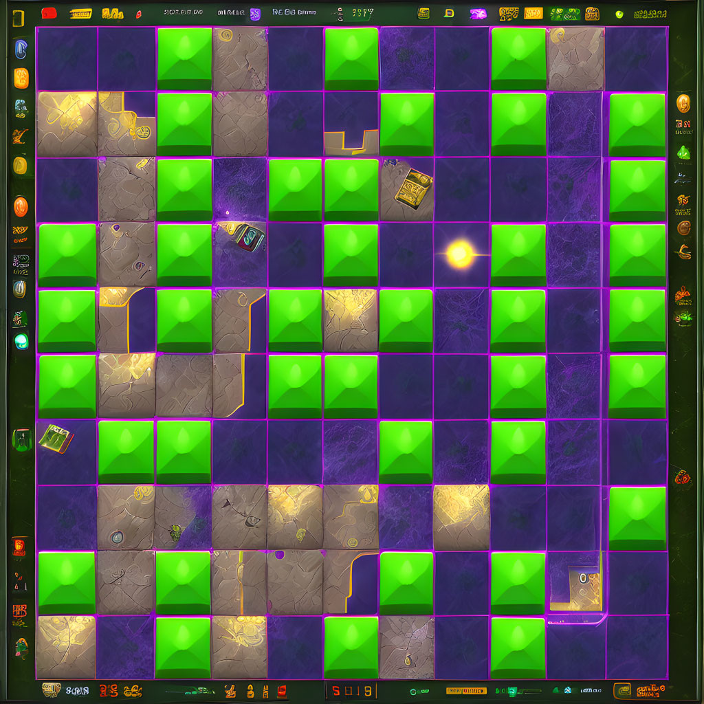 Colorful Top-Down Grid Game Interface with Trees, Treasure Chest, and Vehicles