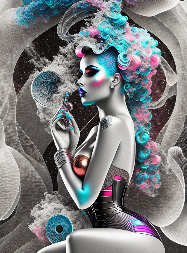 Abstract Art: Futuristic Female Figure with Blue Hair and Cosmic Motifs Applying Lipstick