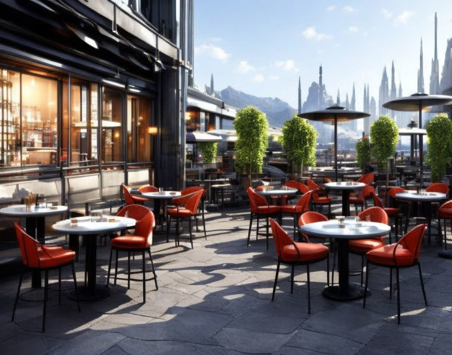 Red Chairs and White Tables on Outdoor Dining Area with Mountain View