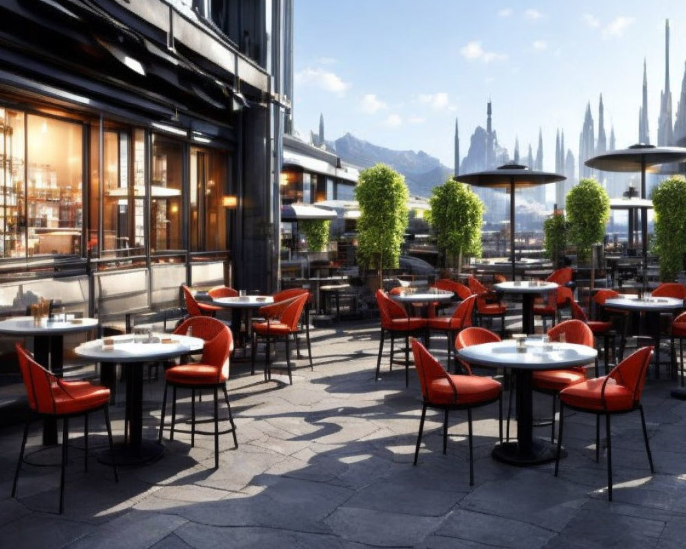 Red Chairs and White Tables on Outdoor Dining Area with Mountain View