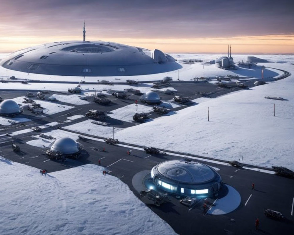 Futuristic polar research station with dome structures and antennas in snowy landscape at dawn or dusk