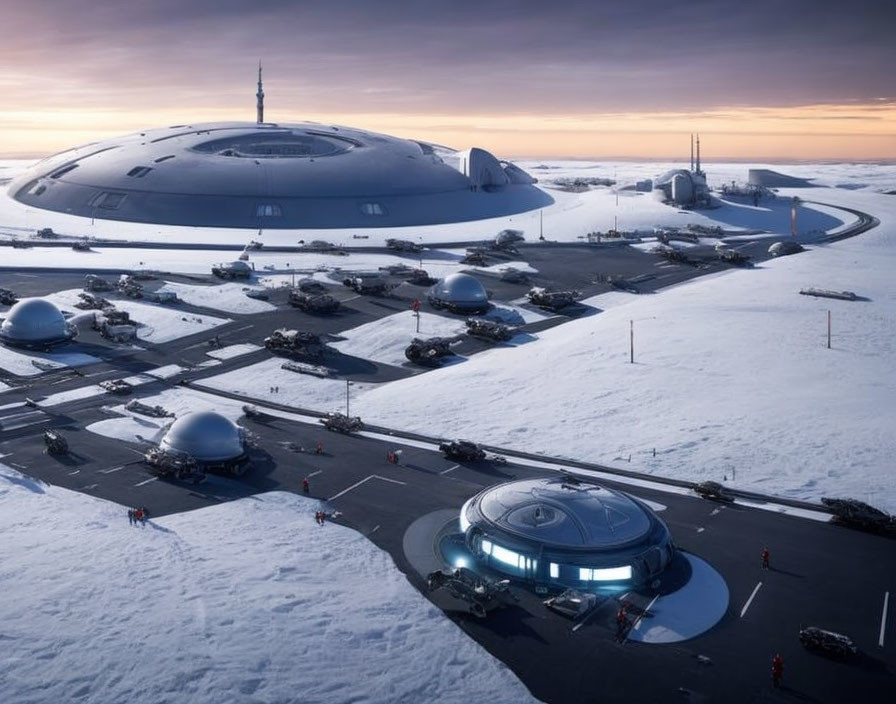 Futuristic polar research station with dome structures and antennas in snowy landscape at dawn or dusk