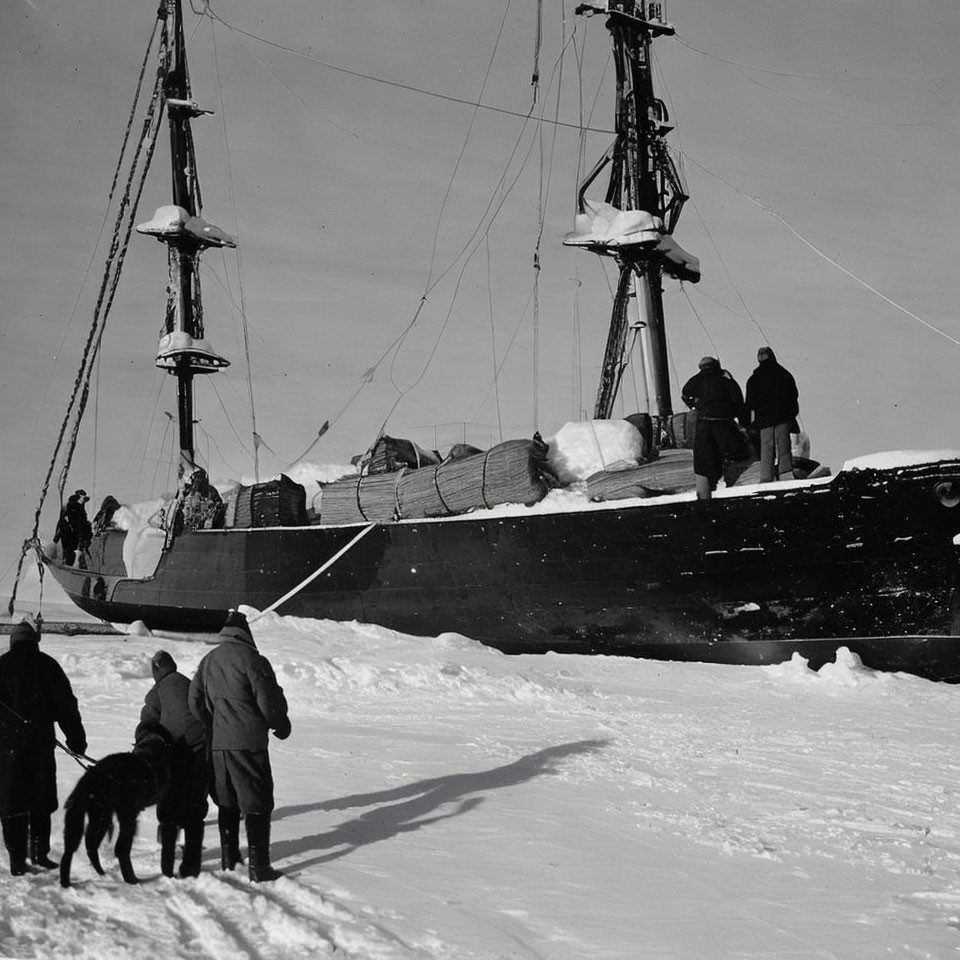 Monochrome photo of people, dog, and ship in ice with cargo and masts.