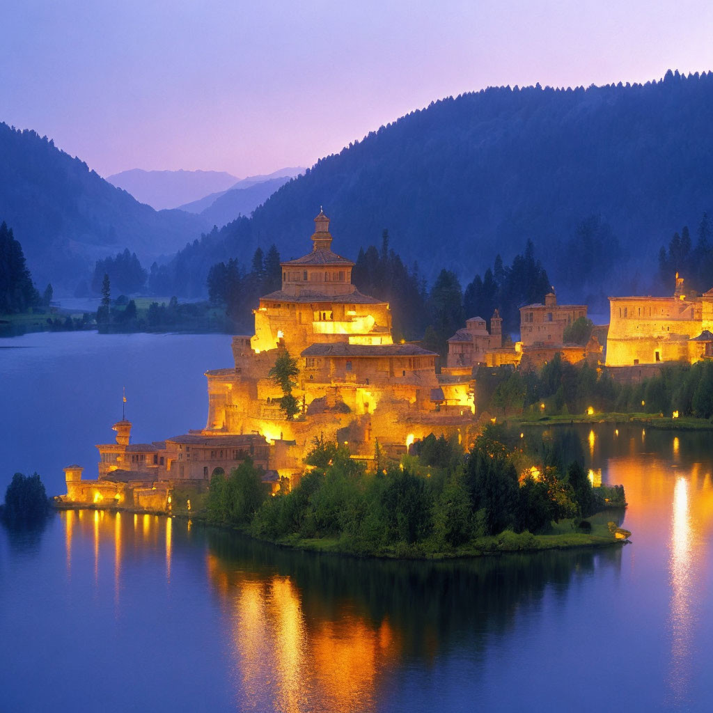 Twilight scene: Castle by calm lake, forested hills.