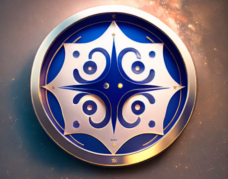 Circular Cosmic Emblem with Blue and White Symmetrical Patterns