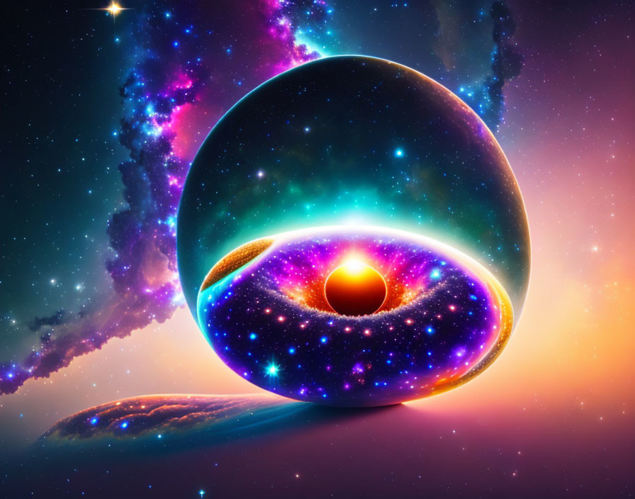 Colorful cosmic artwork: Interconnected spheres in galaxy scene