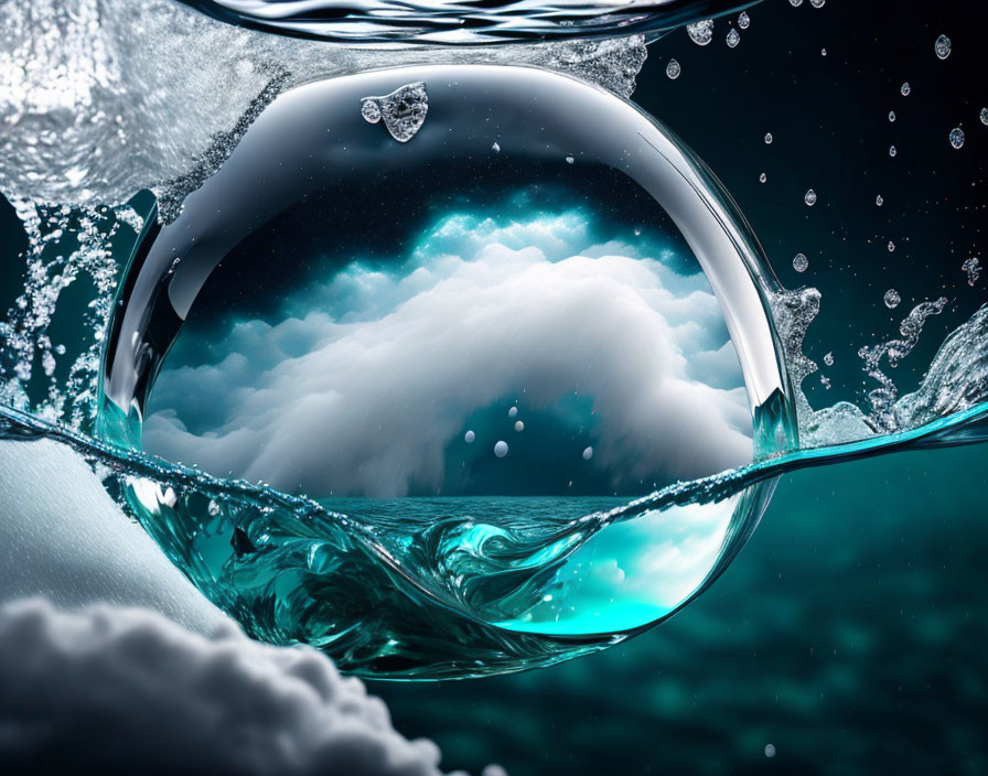 Surreal image of crystal-clear bubble with cloud on water's surface