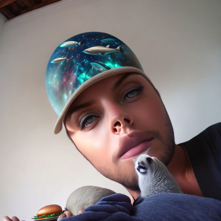 Person wearing galaxy-themed cap with whales and lemur in hand.