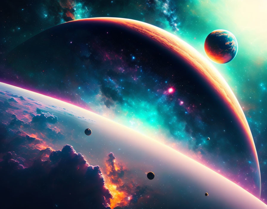 Colorful Space Scene with Large Planet and Moons in Blue, Orange, and Pink