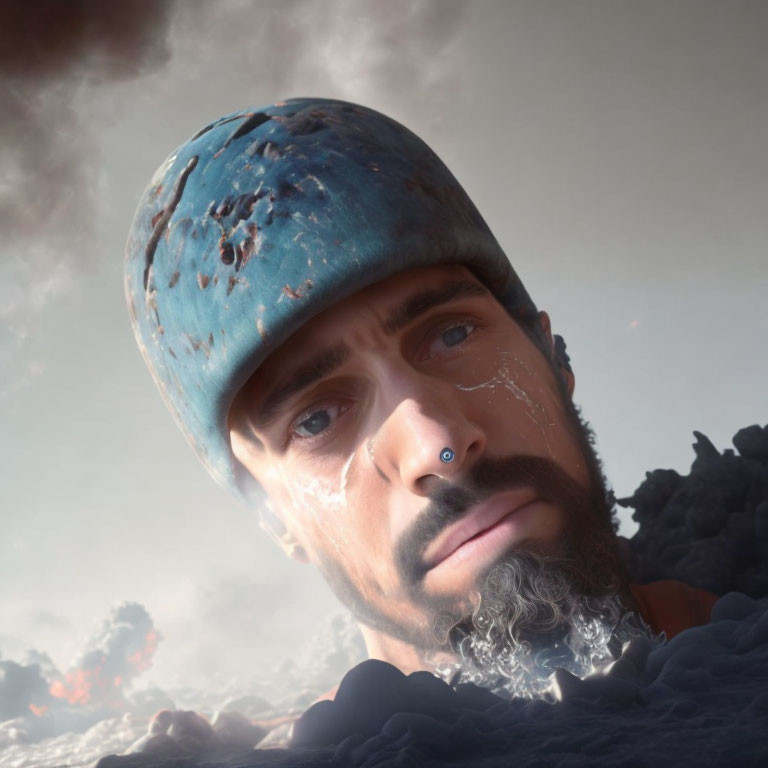 Close-up of man with blue helmet, beard, and nose ring under cloudy sky.