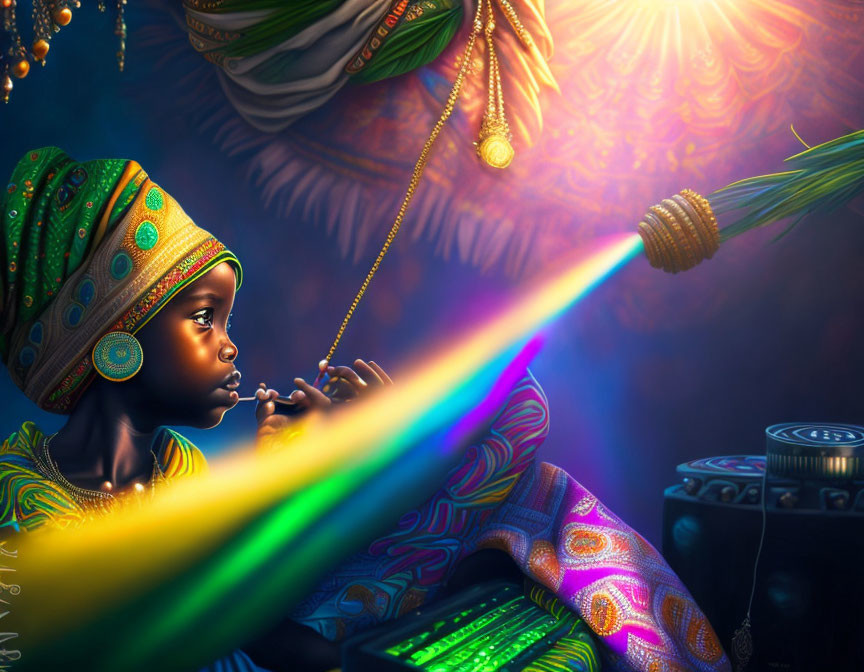 Child in traditional attire mesmerized by colorful light in mystical setting