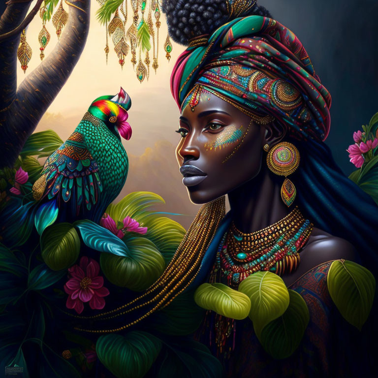 Illustrated portrait of woman with headwrap, jewelry, and colorful bird in tropical setting