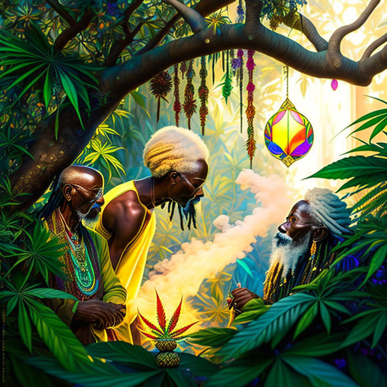 Three people with dreadlocks in peaceful gathering surrounded by greenery and cannabis leaves.