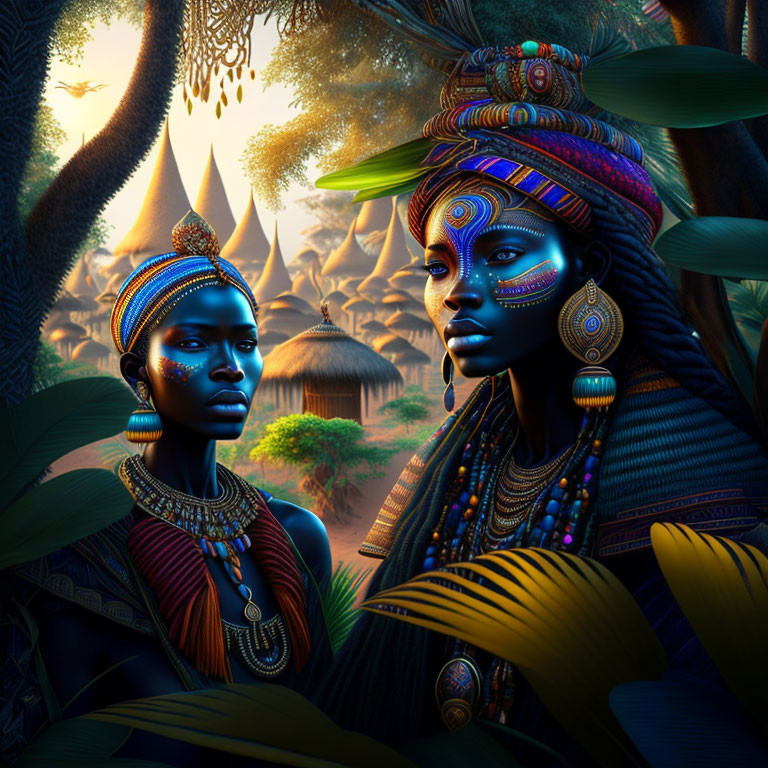 Traditional African Clothing: Two Women Amidst Greenery & Huts at Dusk