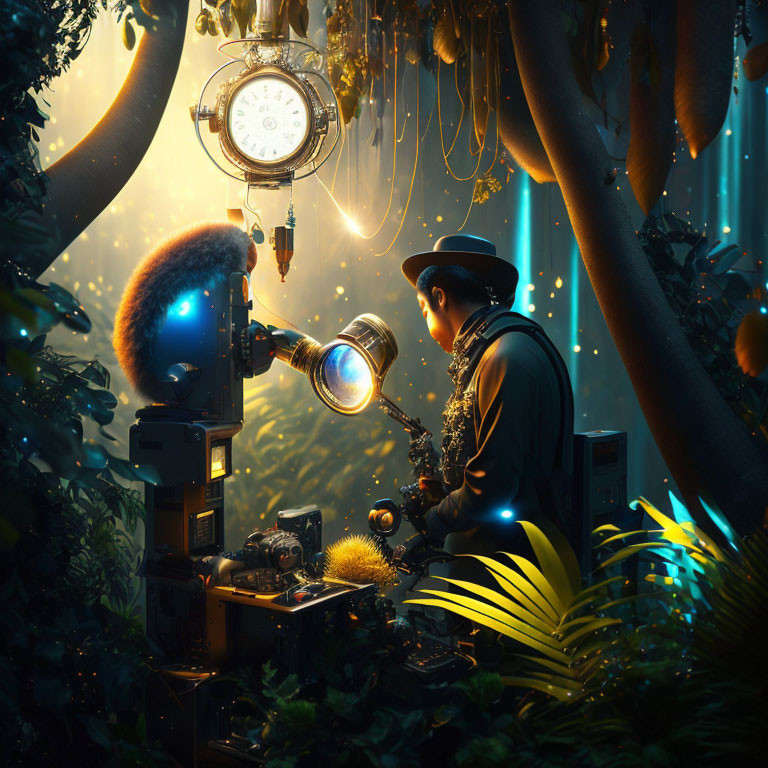 Person in Vintage Attire Operating Machinery in Magical Forest