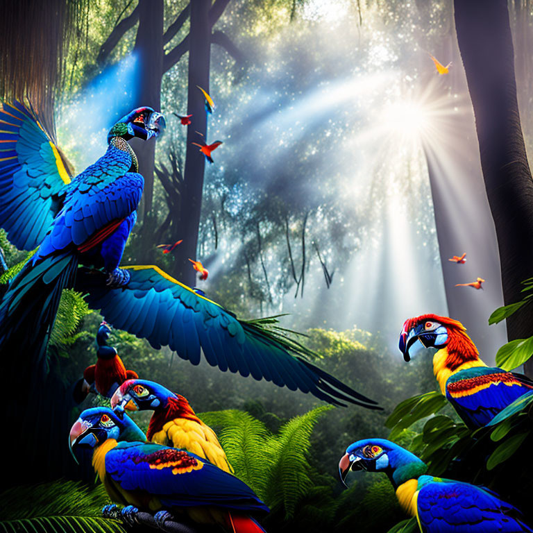 Colorful parrots and hummingbirds in lush forest with sunbeams.