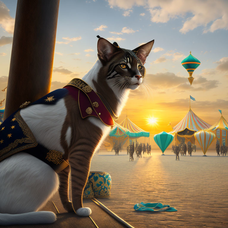 Regal Cat in Decorated Outfit Amid Fantasy Sunset Landscape