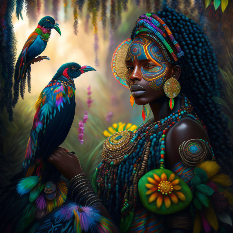 Colorful digital art portrait of woman with intricate face paint and tribal attire, surrounded by exotic birds and