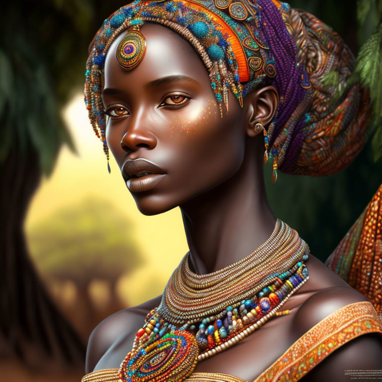 Colorful African-Inspired Digital Art Portrait of Woman