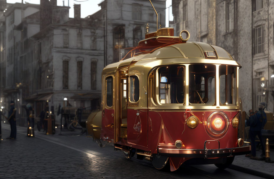 Vintage Red and Gold Tram on Cobblestone Street in Old-Fashioned Cityscape