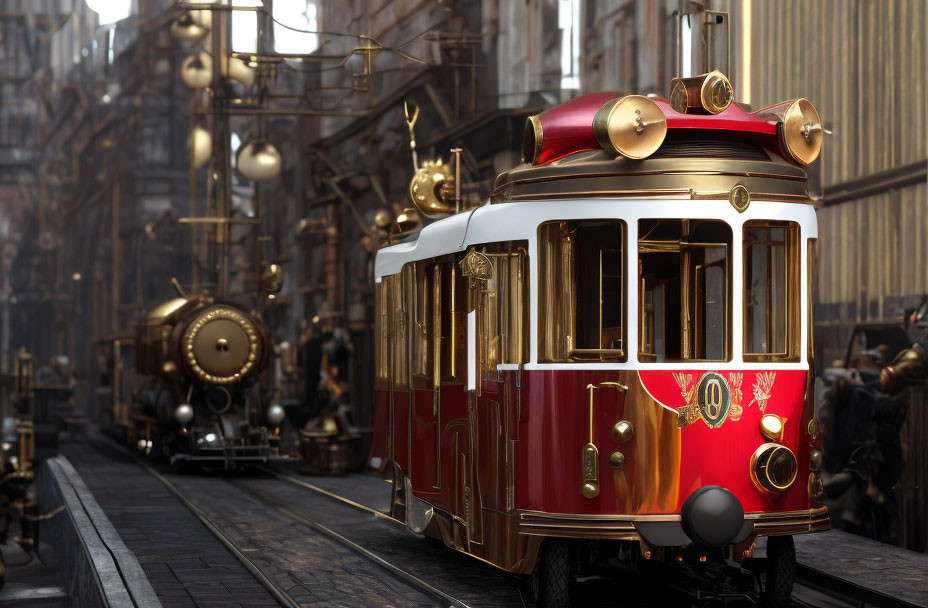 Vintage Red Tram on Cobblestone Streets with Steam Locomotive in Industrial Cityscape