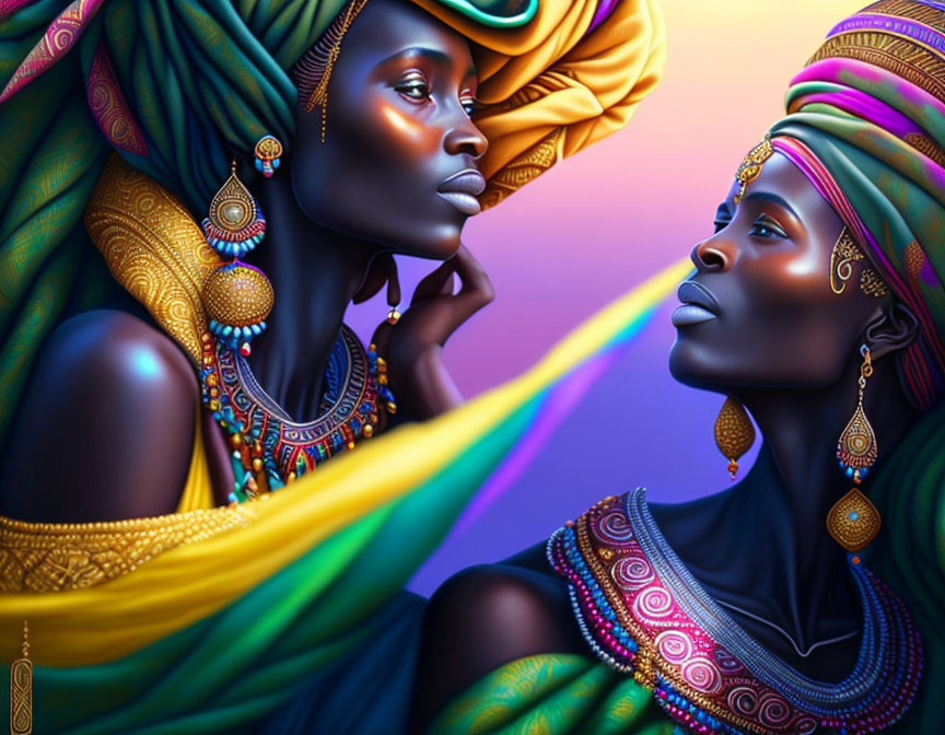 Vibrant portrait of two women in colorful headwraps and jewelry