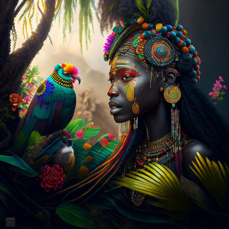 Illustration of woman with tribal makeup, headdress, birds, and greenery