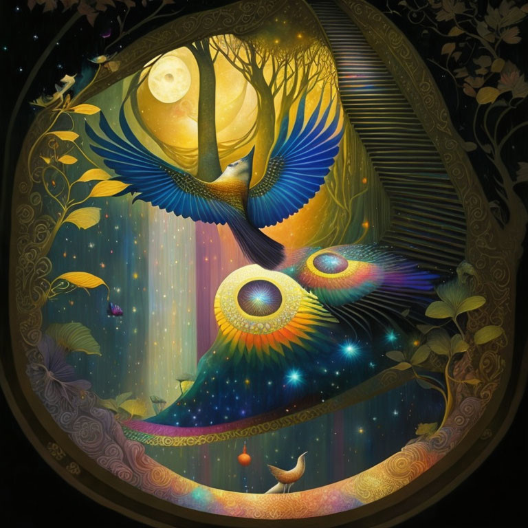 Colorful Circular Artwork: Two Peacocks in Moonlit Sky