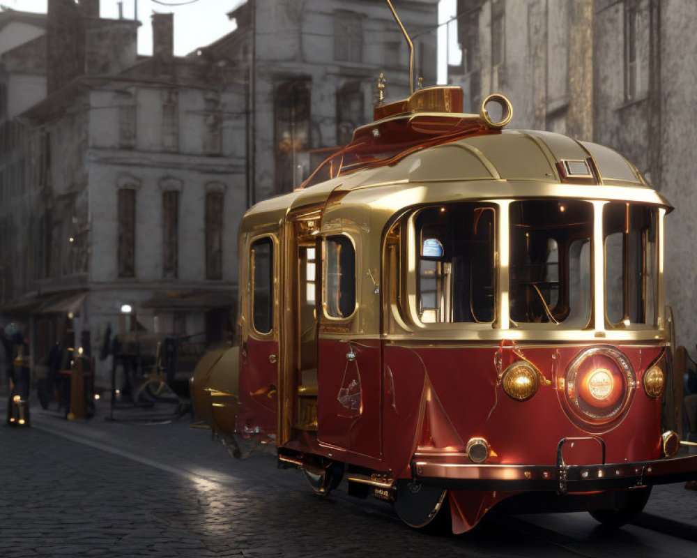 Vintage Red and Gold Tram on Cobblestone Street in Old-Fashioned Cityscape