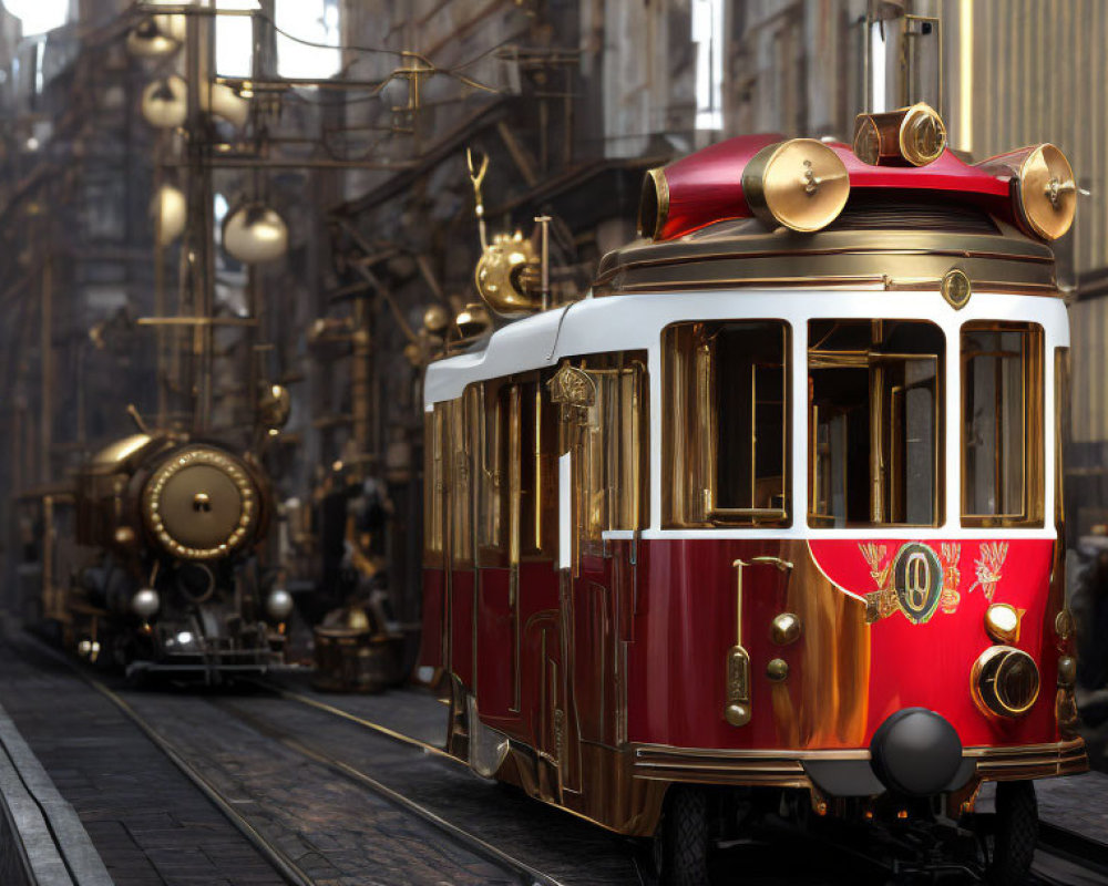 Vintage Red Tram on Cobblestone Streets with Steam Locomotive in Industrial Cityscape