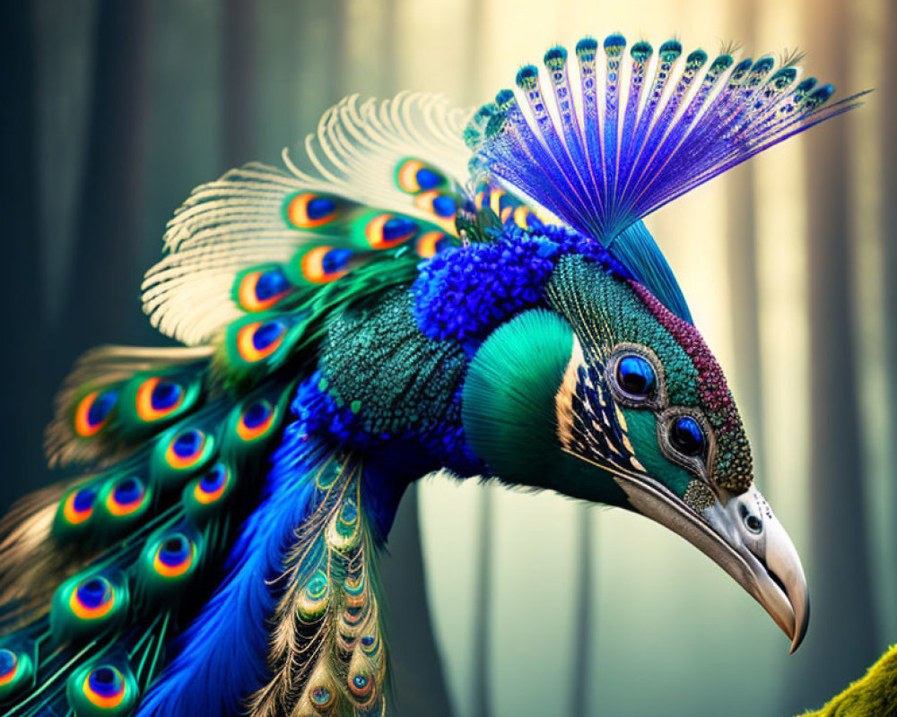 Colorful Peacock with Iridescent Tail Feathers in Forest Setting