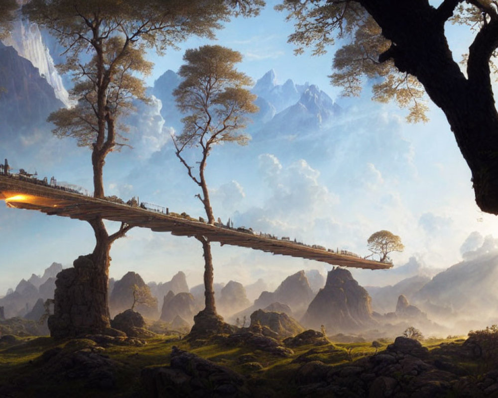 Fantasy landscape with wooden bridge, mountains, and lush greenery