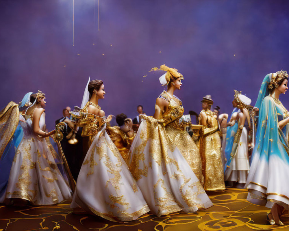 Elegant Women in Golden and Blue Gowns at Event with Brass Instruments