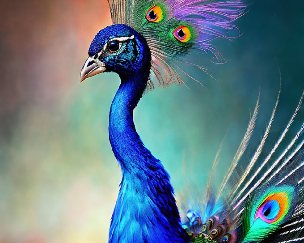 Colorful Peacock with Radiant Blue Neck and Tail Feathers