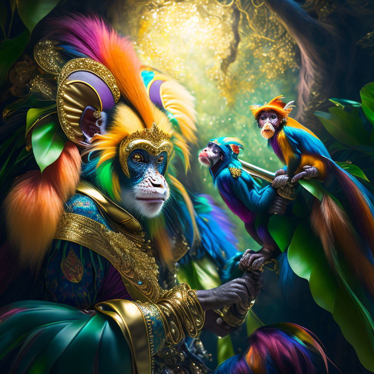 Colorful digital artwork featuring majestic mandrill monkey and companions in lush costumes.