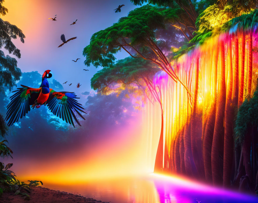 Colorful macaw flying in front of vibrant waterfall and lush greenery under mystical sky.