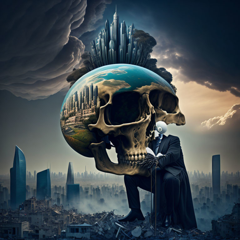 Surreal image: Giant skull with globe cranium, city buildings, seated figure in gas mask