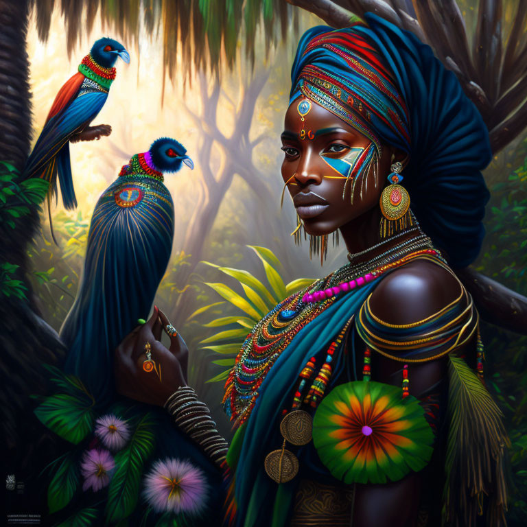 African woman with tribal makeup and peacocks in misty forest