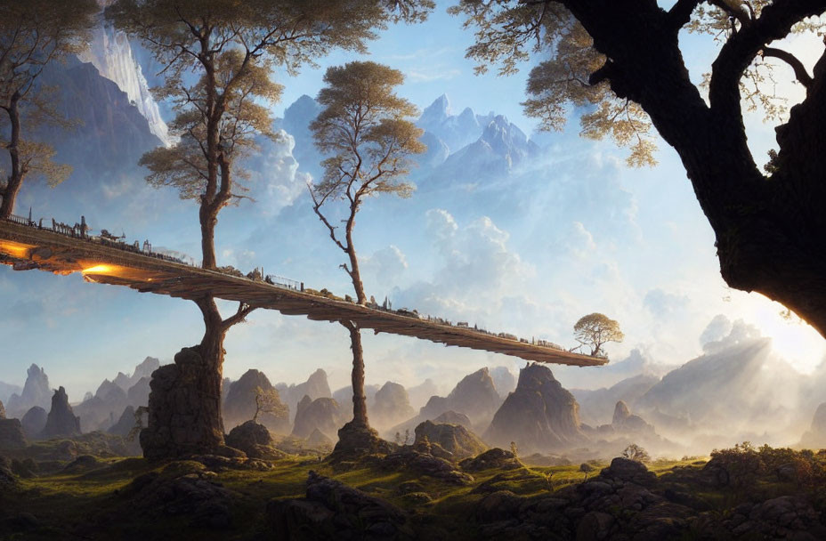 Fantasy landscape with wooden bridge, mountains, and lush greenery