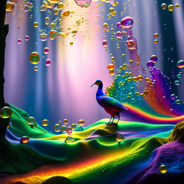 Colorful Bird on Rainbow Path in Surreal Landscape