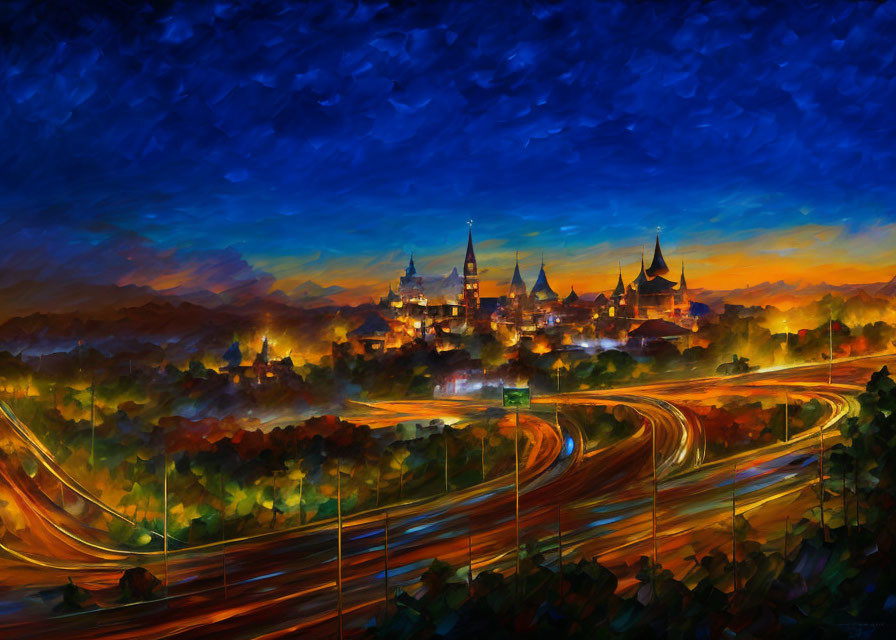 Impressionistic nighttime cityscape painting with vibrant colors