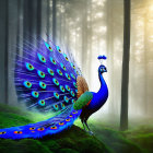 Colorful peacock in foggy forest with sunlight filtering through trees