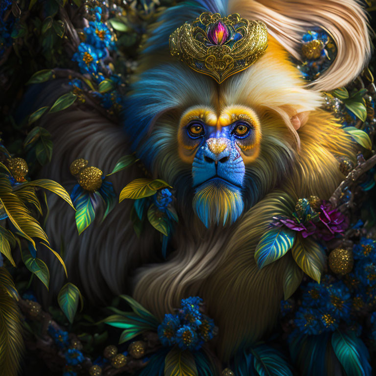 Regal fantasy monkey digital artwork with golden fur and ornate crown