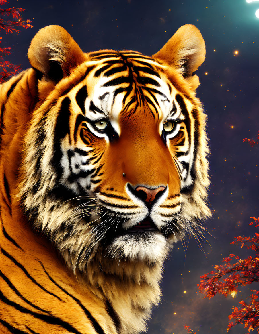 Colorful Tiger Portrait Against Night Sky and Autumn Foliage