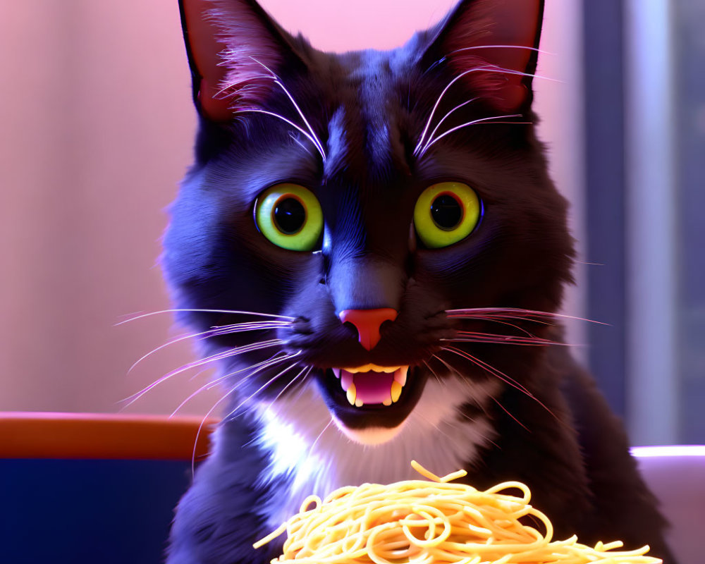 Black and white cat with green eyes staring at spaghetti plate