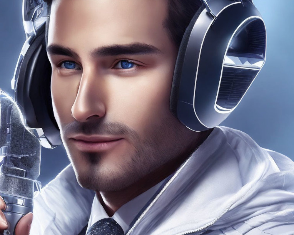 Realistic digital portrait of a man with blue eyes in headphones and microphone, jacket, and tie.