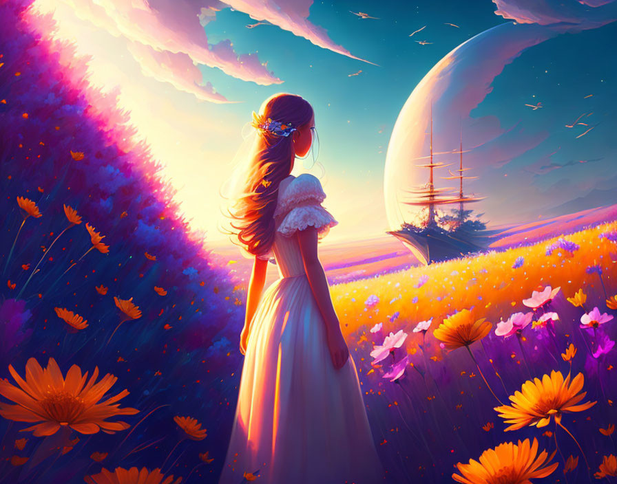 Woman in White Dress Gazes at Moon Over Vibrant Sunset Field