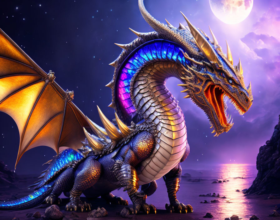 Vividly colored dragon on rocky beach under full moon